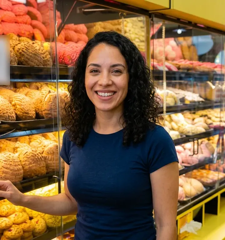 Sofía frente a la vitrina de pan dulce de La Tapatía Market